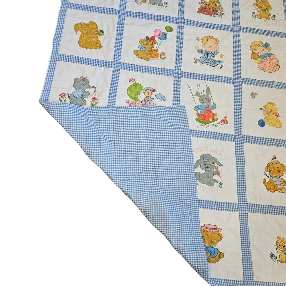 Vintage 70s Baby Quilt Kitschy Handpainted Animals Patchwork Blue‎ 41 X 51 Blue